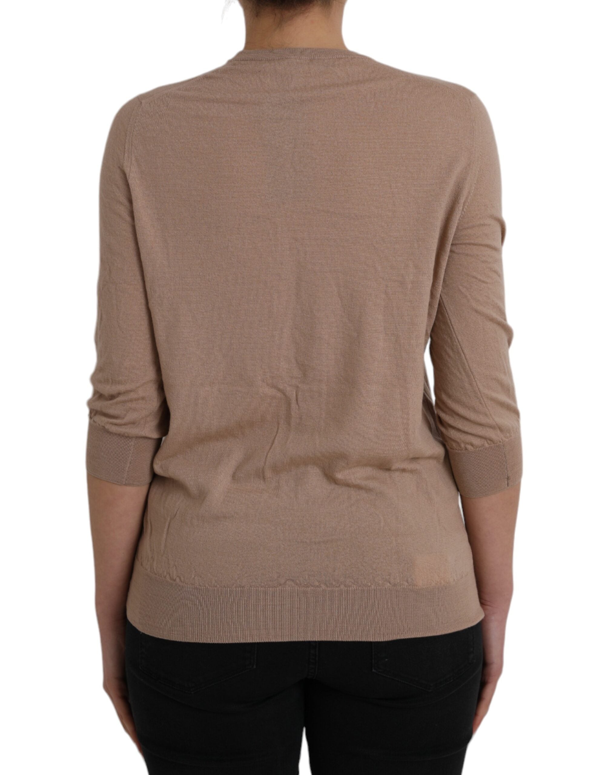 Chemise Dolce & Gabbana en laine marron avec dentelle noire à manches 3/4, élégante et raffinée.