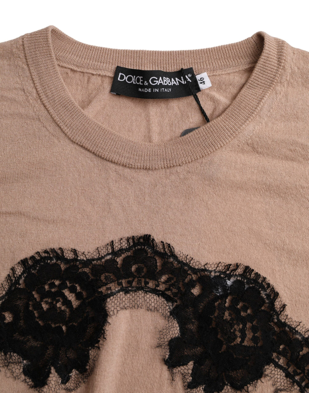 Blouse en laine marron Dolce & Gabbana avec dentelle noire, manches 3/4, style élégant et sophistiqué.