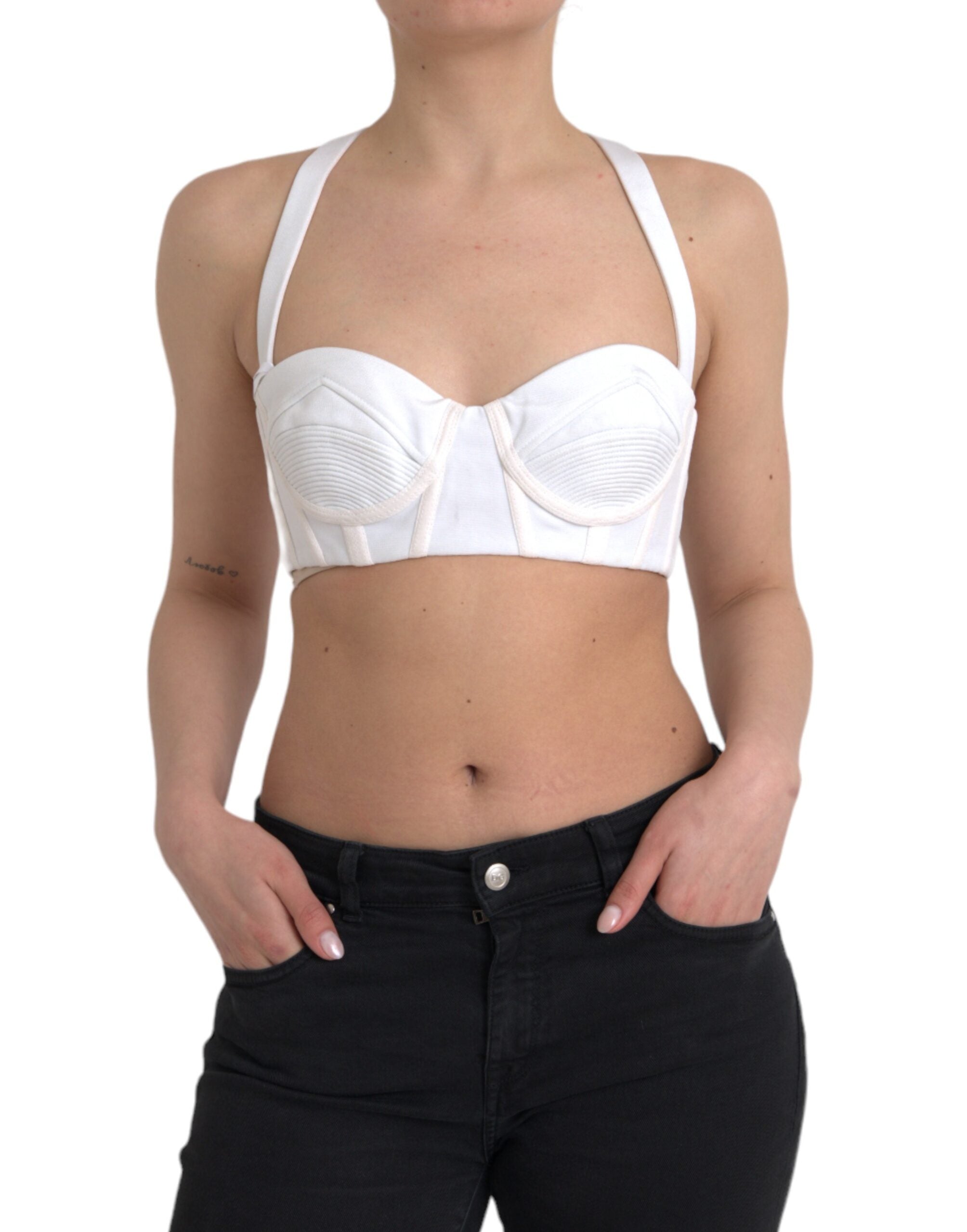 Bustier blanc en viscose sans manches de Versace, haut court et ajusté, avec détails élégants visibles sur l'image.