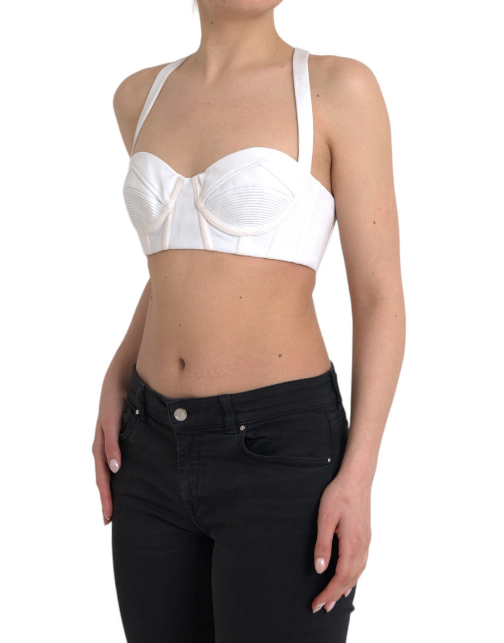 Bustier blanc en viscose sans manches de Versace, top court et ajusté, avec détails élégants visibles sur l'image.