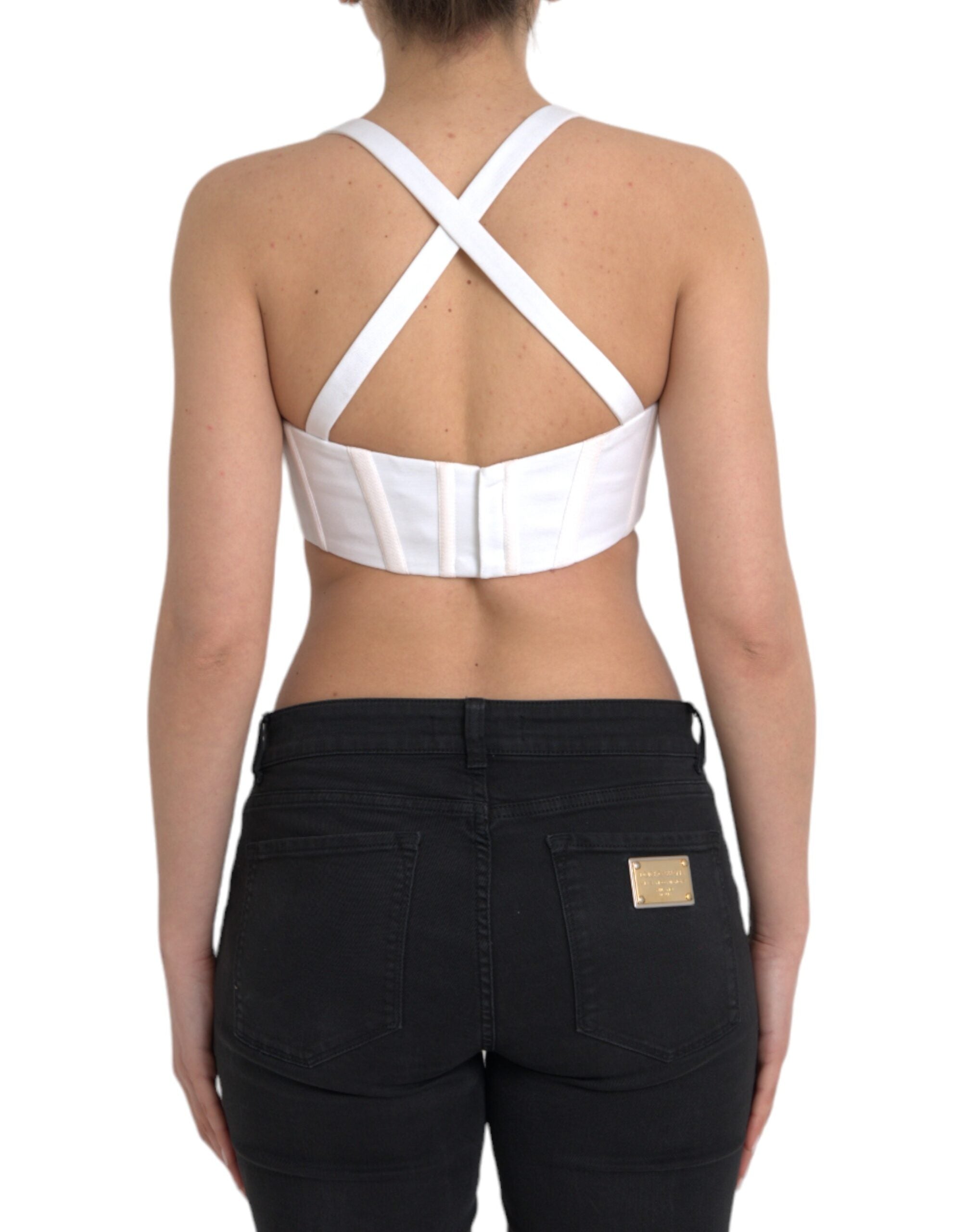 Bustier blanc en viscose sans manches de Versace, haut court et ajusté, avec détails élégants.