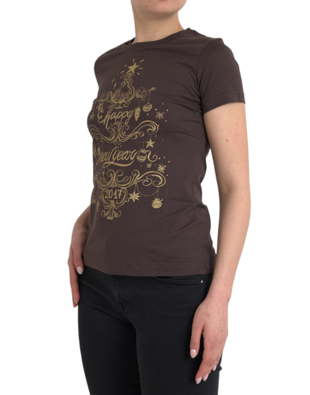 T-shirt Dolce & Gabbana à col rond brun avec motif imprimé, style 2017, en coton pour homme.