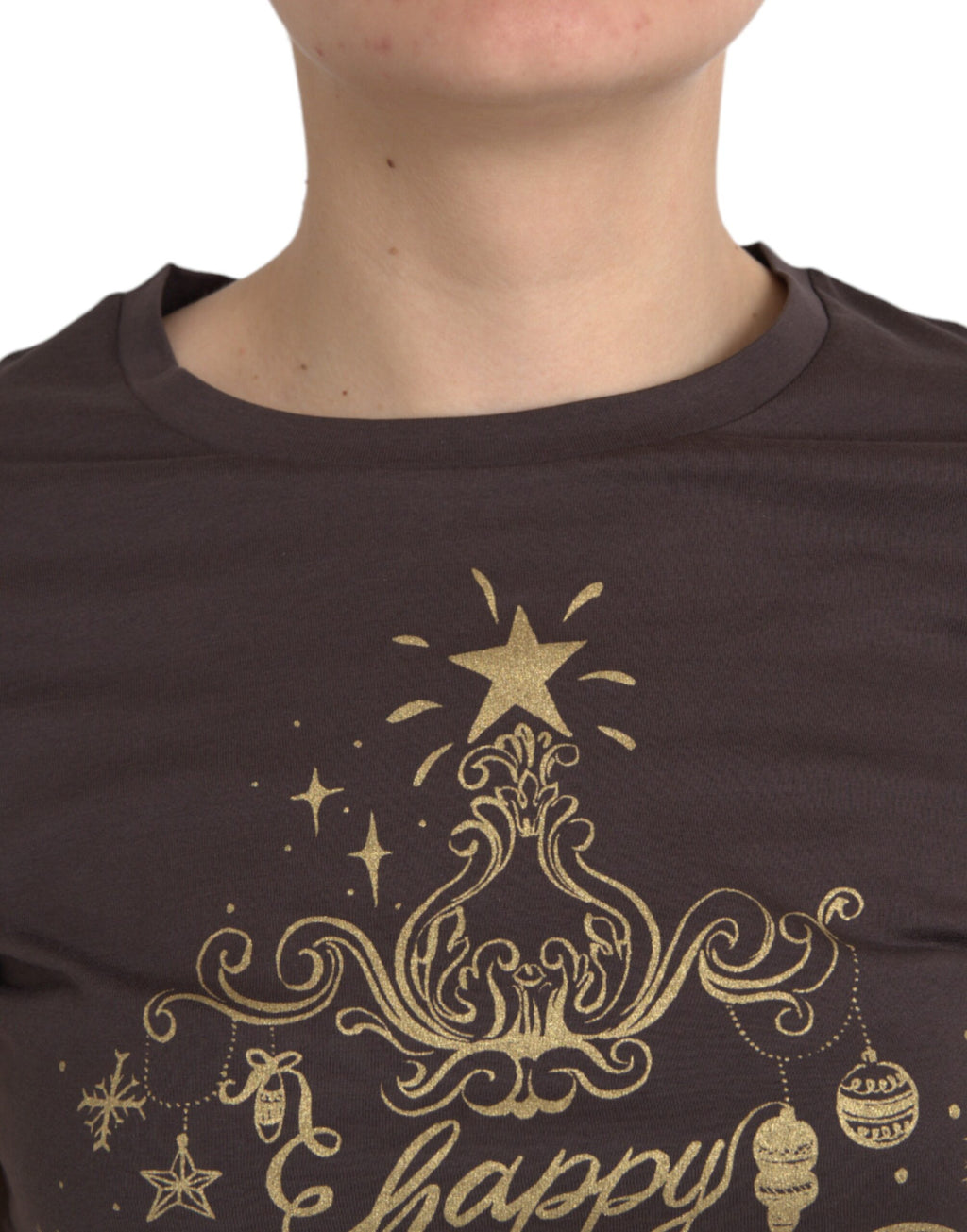 T-shirt à col rond Dolce & Gabbana marron avec motif imprimé, style décontracté, en coton, année 2017.