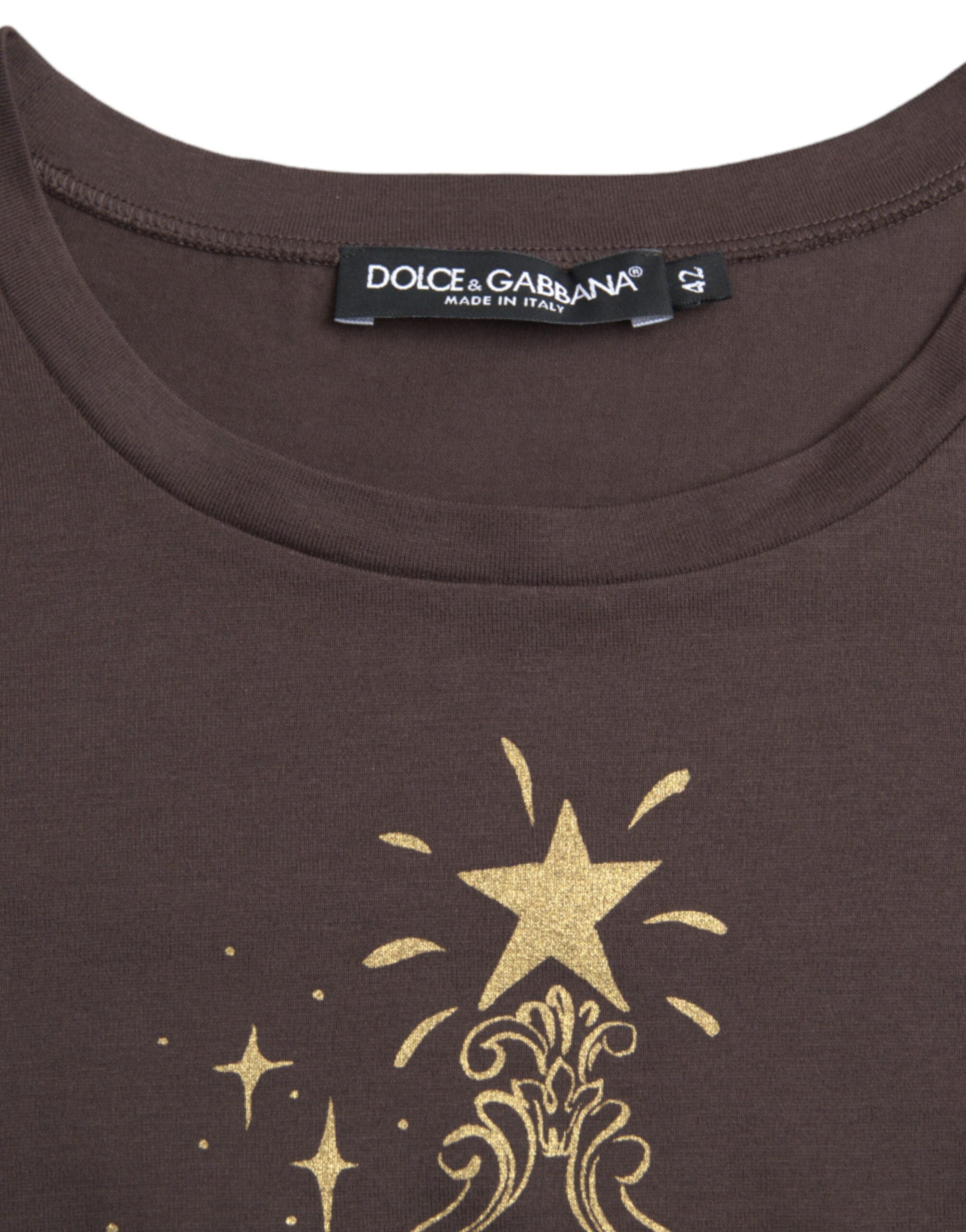 T-shirt Dolce & Gabbana à col rond marron avec motif imprimé, style 2017, en coton.