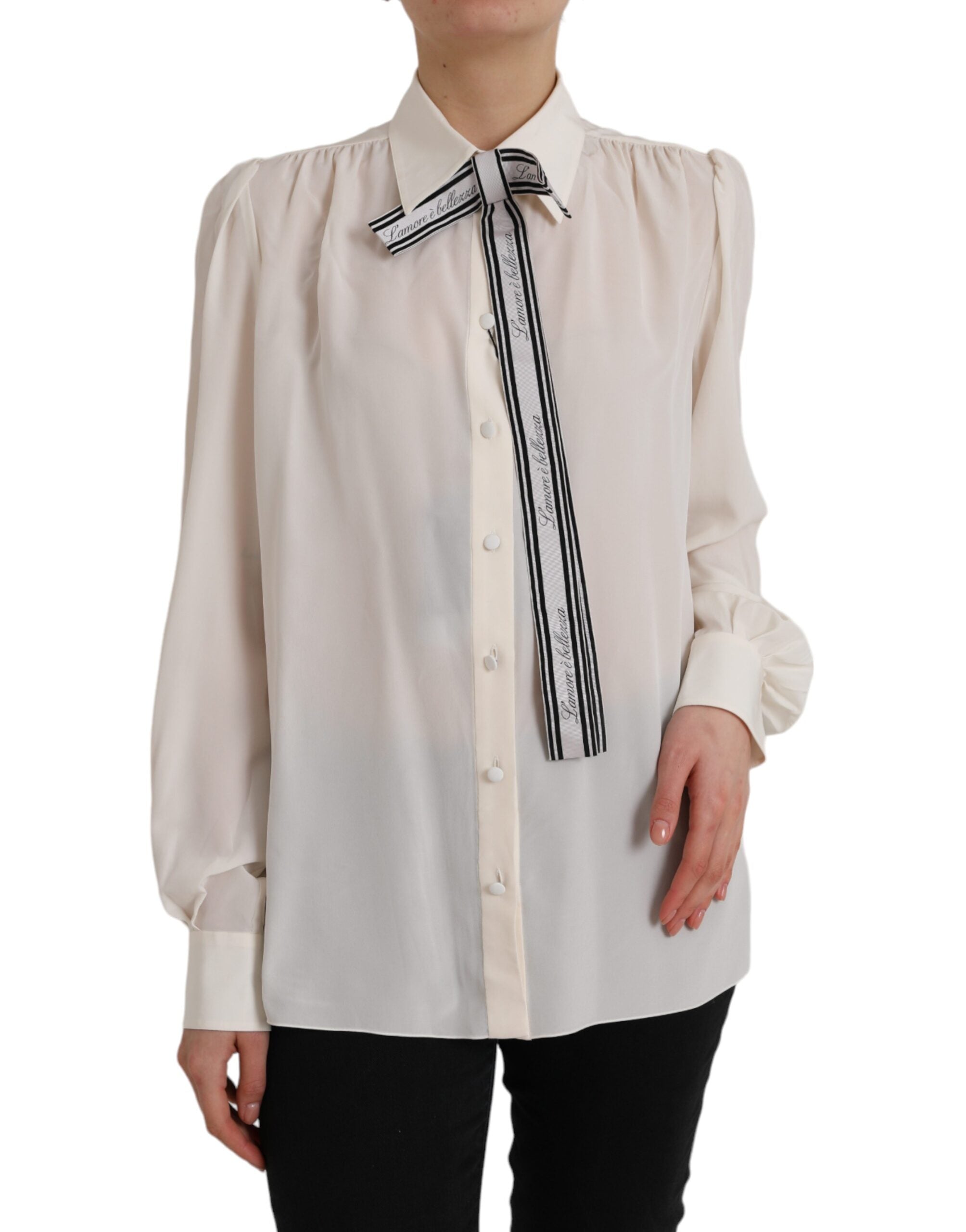 Chemise à manches longues Dolce & Gabbana blanche avec boutons, style élégant et sophistiqué, vue de face.