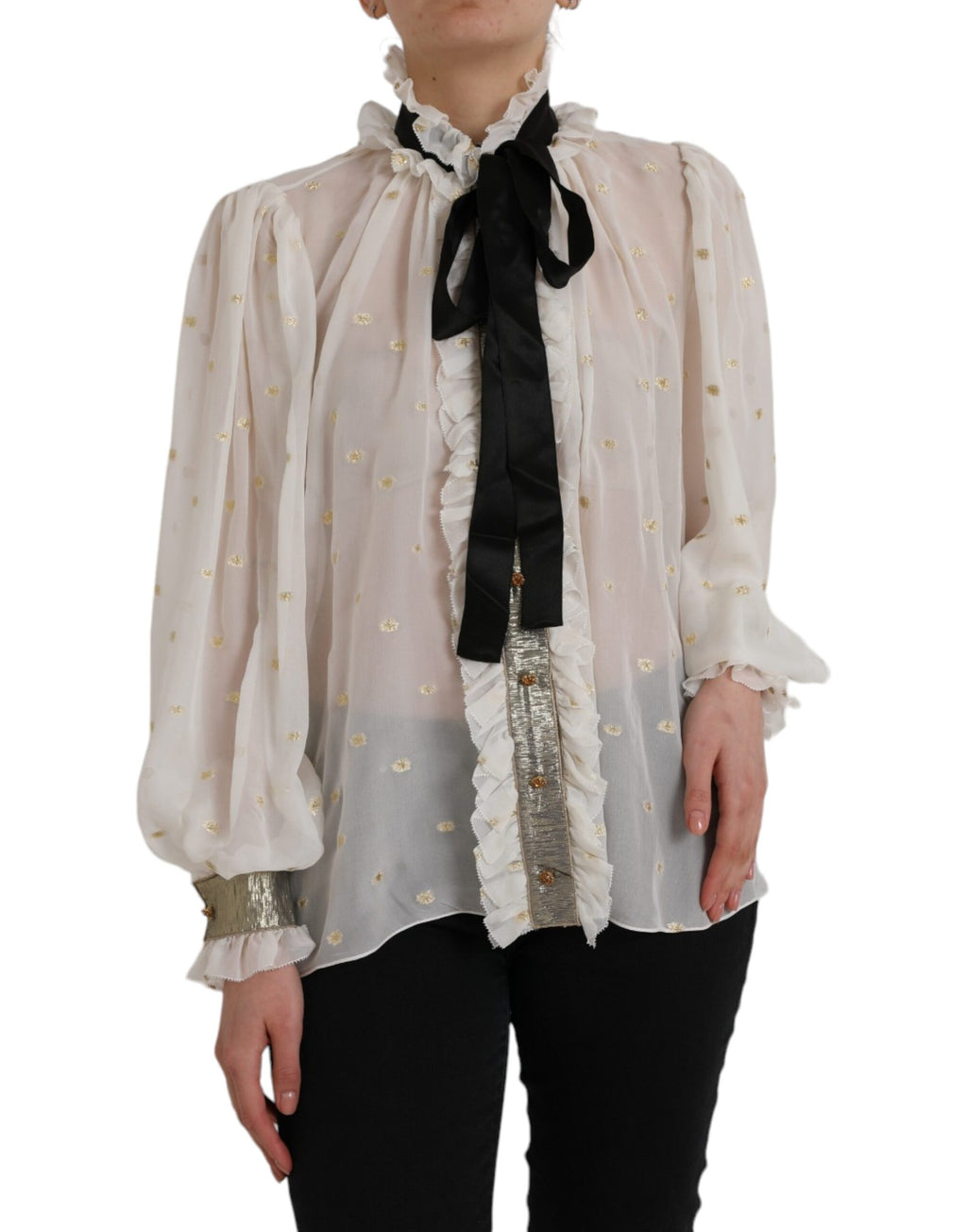 Blouse Dolce & Gabbana en soie blanche avec col ascot, style élégant et sophistiqué, vue de face.