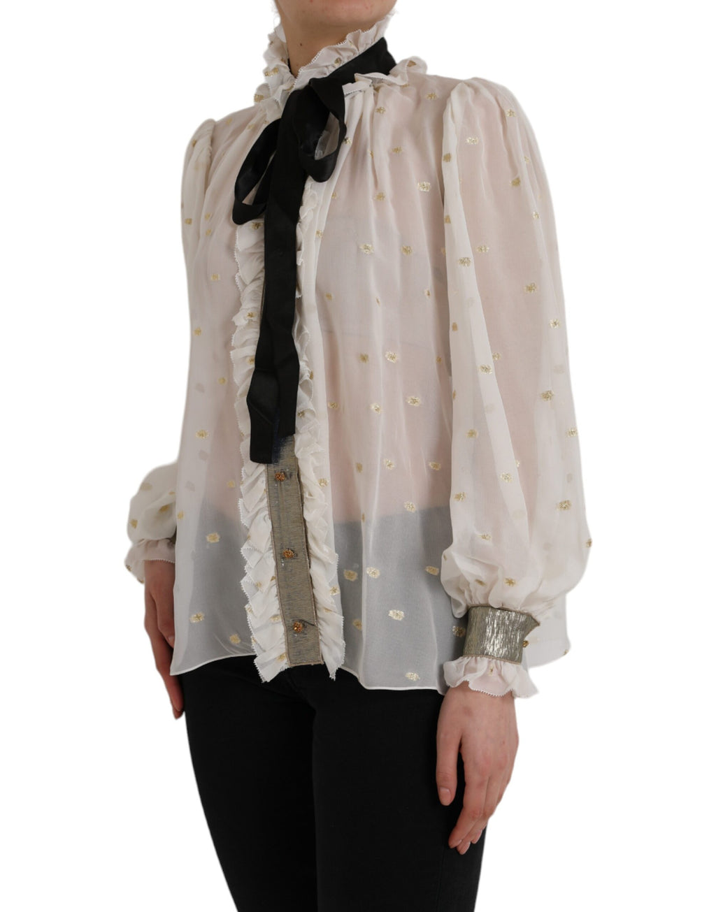 Chemisier Dolce & Gabbana en soie blanche avec col ascot, élégant et léger, pour un style sophistiqué.