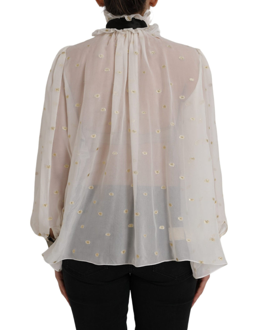 Blouse Dolce & Gabbana en soie blanche avec col ascot, pièce élégante et sophistiquée, vue de face.