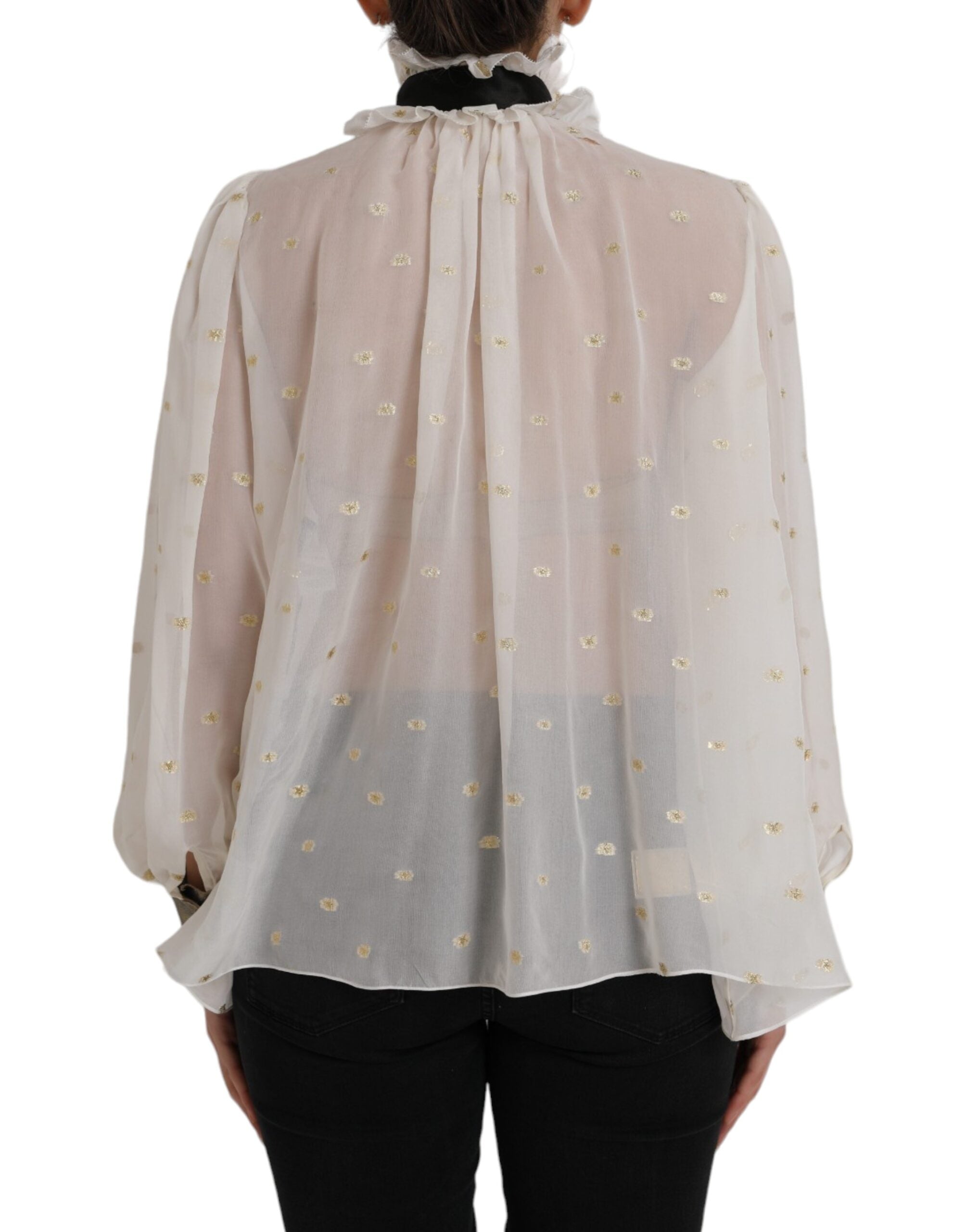 Blouse Dolce & Gabbana en soie blanche avec col ascot, pièce élégante et sophistiquée, vue de face.