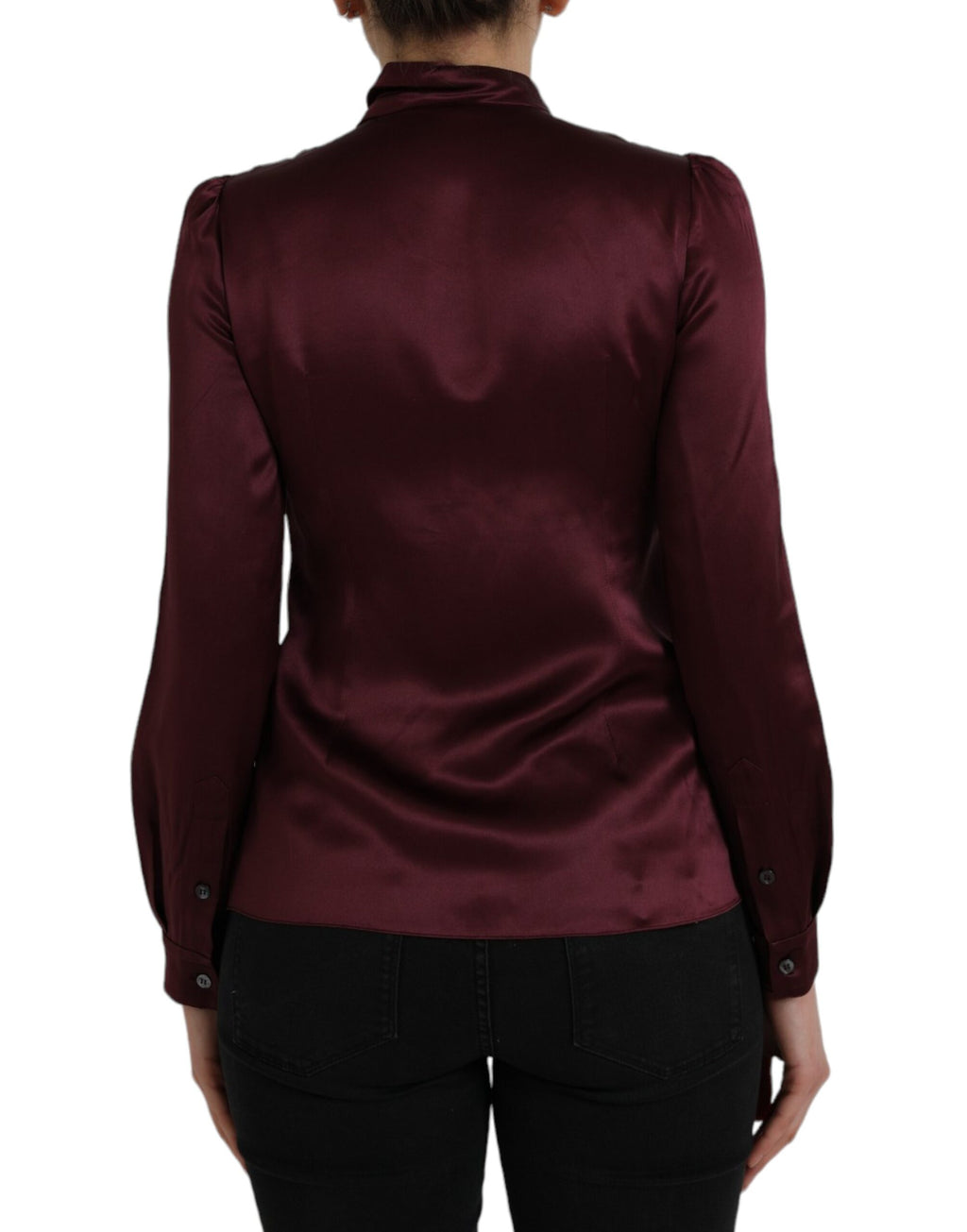 Chemisier à manches longues Dolce & Gabbana en col ascot marron bordeaux, élégant et sophistiqué.