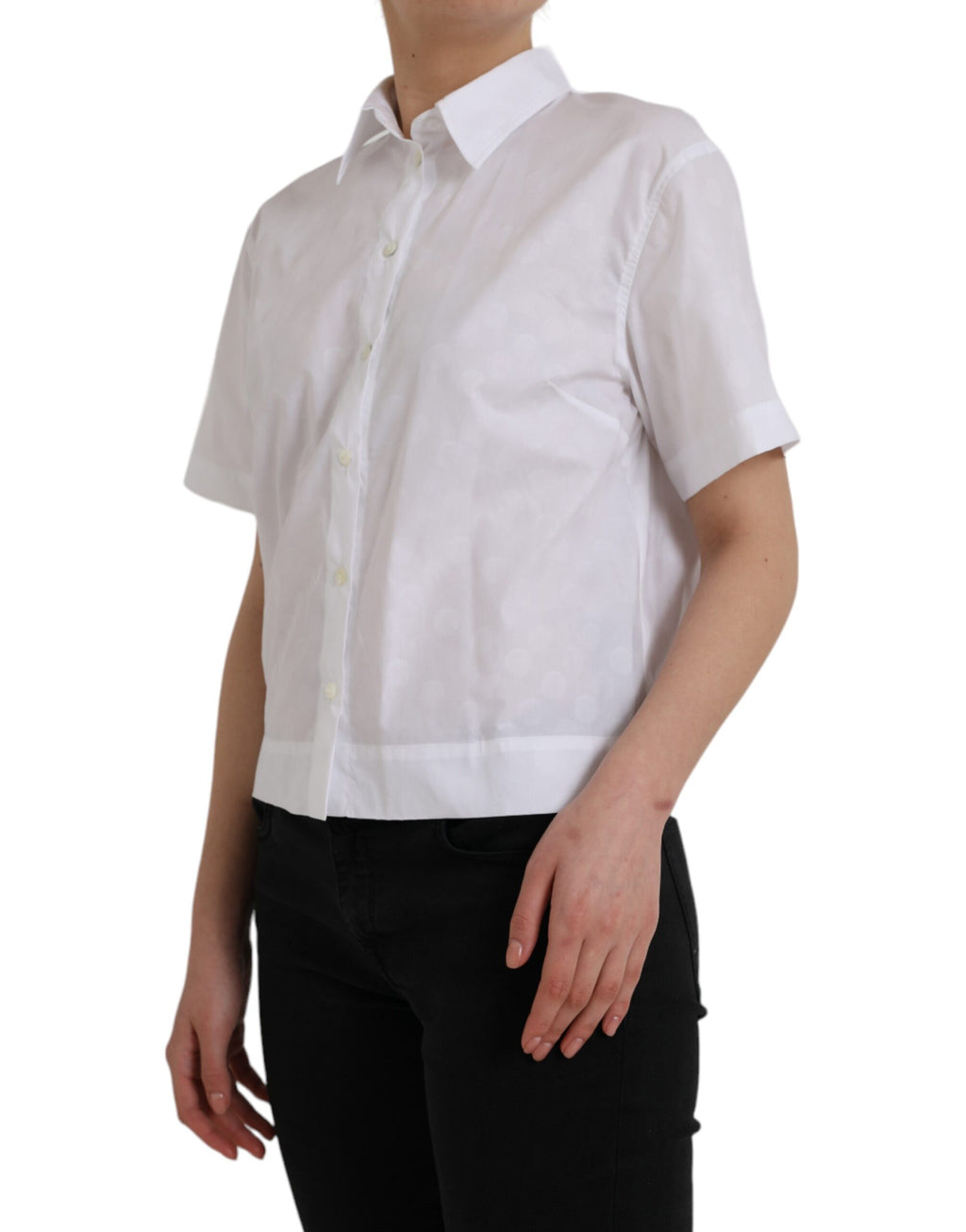 Chemise polo blanche à col avec manches courtes de Dolce & Gabbana, vue de face, en coton élégante et sophistiquée.