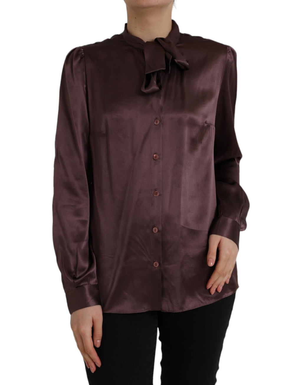 Blouse longue Dolce & Gabbana à col ascot marron avec manches longues, style élégant et sophistiqué.