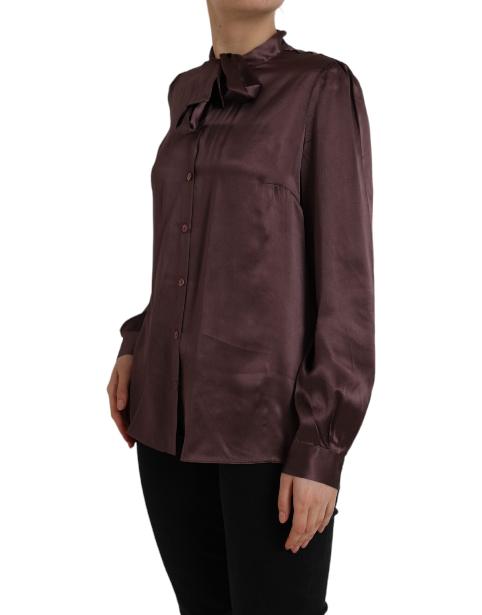Chemise Dolce & Gabbana à col ascot brun à manches longues, élégante blouse en tissu léger.