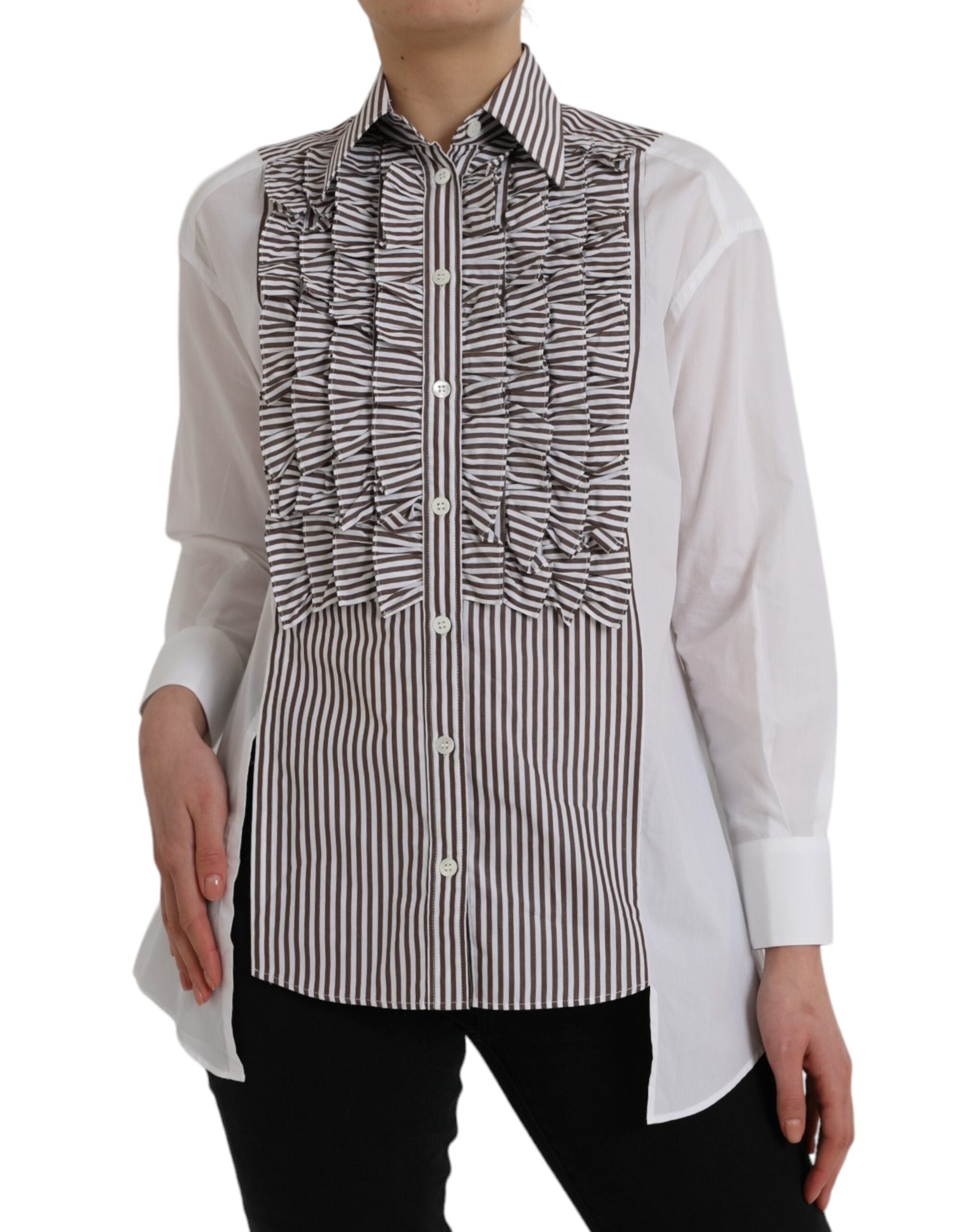 Chemisier blanc à rayures Dolce & Gabbana en coton avec manches longues et col volanté, détails élégants et féminins.