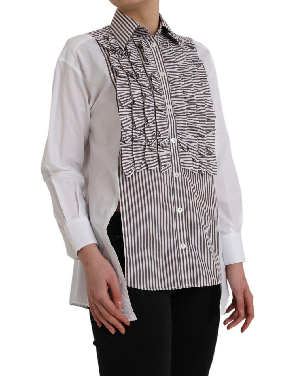 Chemise blanche à rayures en coton Dolce & Gabbana avec col volant et manches longues.