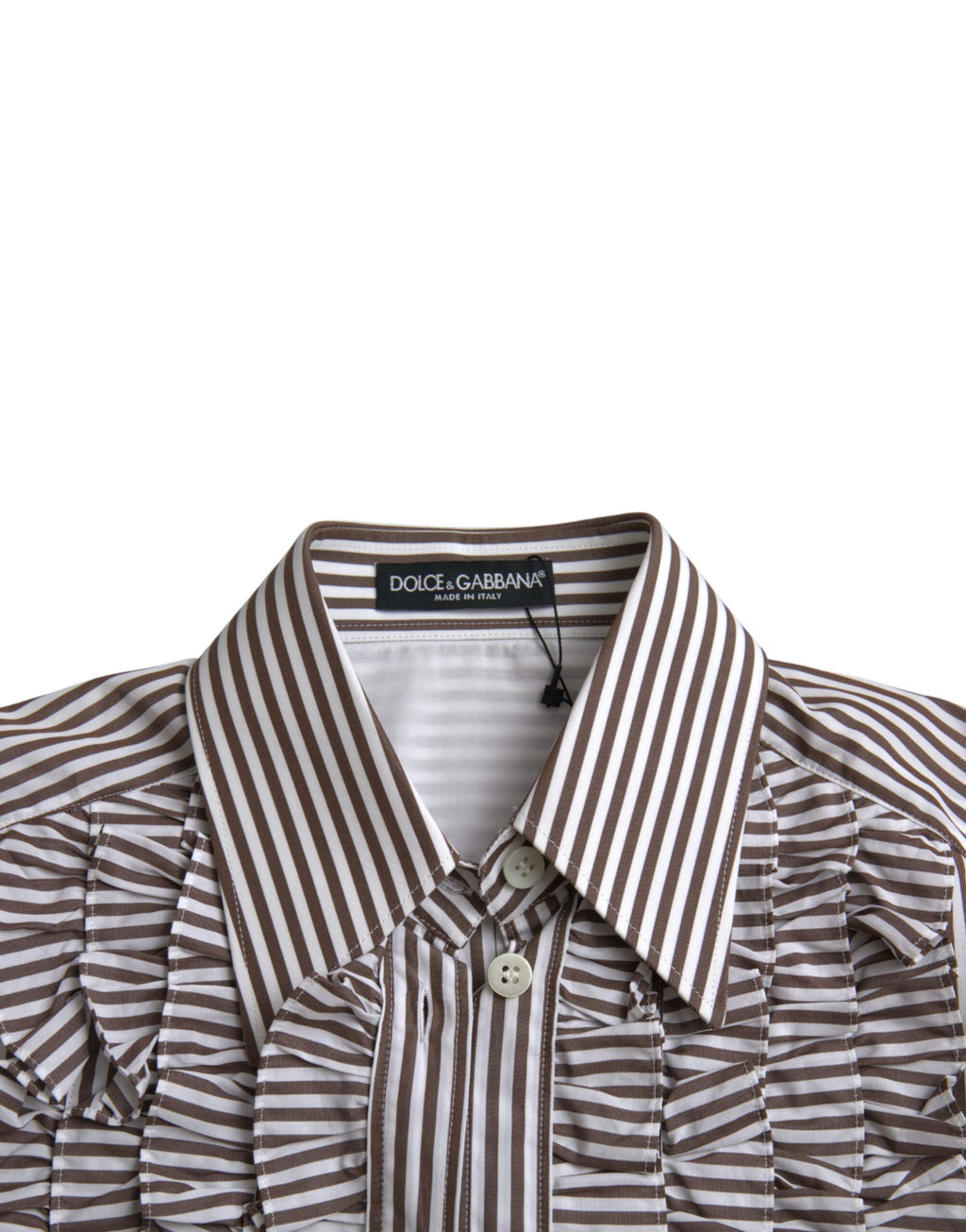 Haut en coton blanc à rayures Dolce & Gabbana avec col volant et manches longues, élégance classique et détails raffinés.