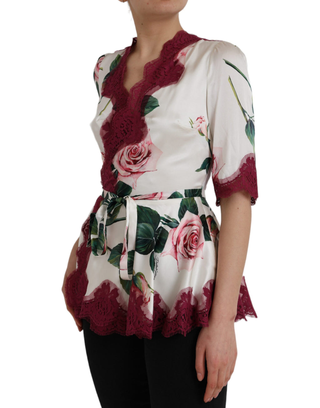 Haut en soie blanc à manches courtes avec broderie florale en dentelle, de la marque Dolce & Gabbana.