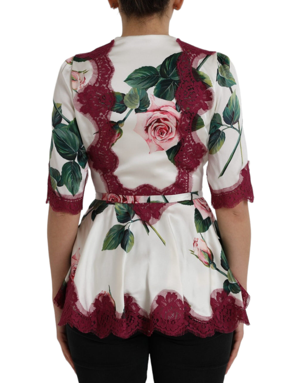 Top en soie blanc à manches courtes Dolce & Gabbana avec dentelle florale, élégant et délicat pour un style féminin.