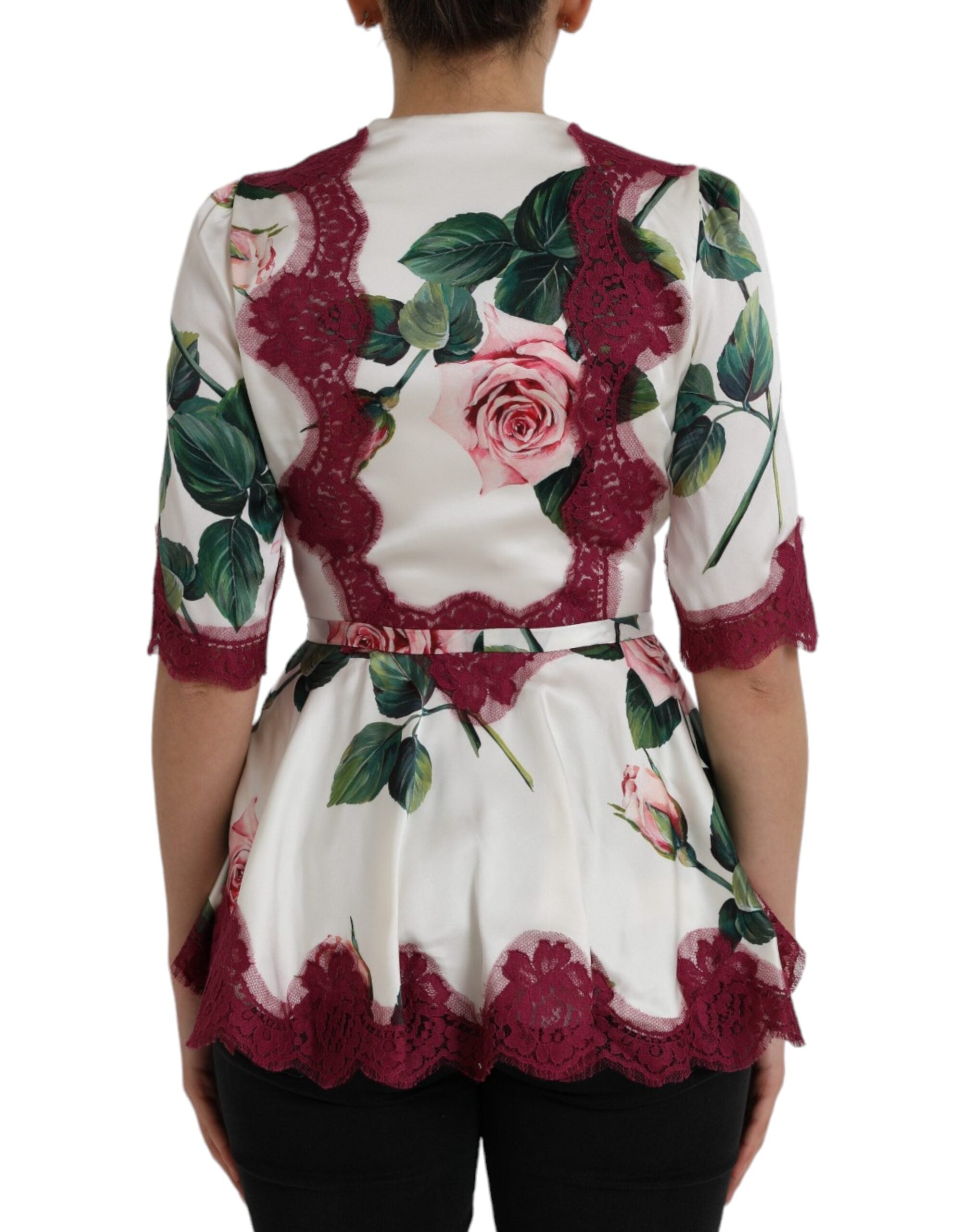 Top en soie blanc à manches courtes Dolce & Gabbana avec dentelle florale, élégant et délicat pour un style féminin.