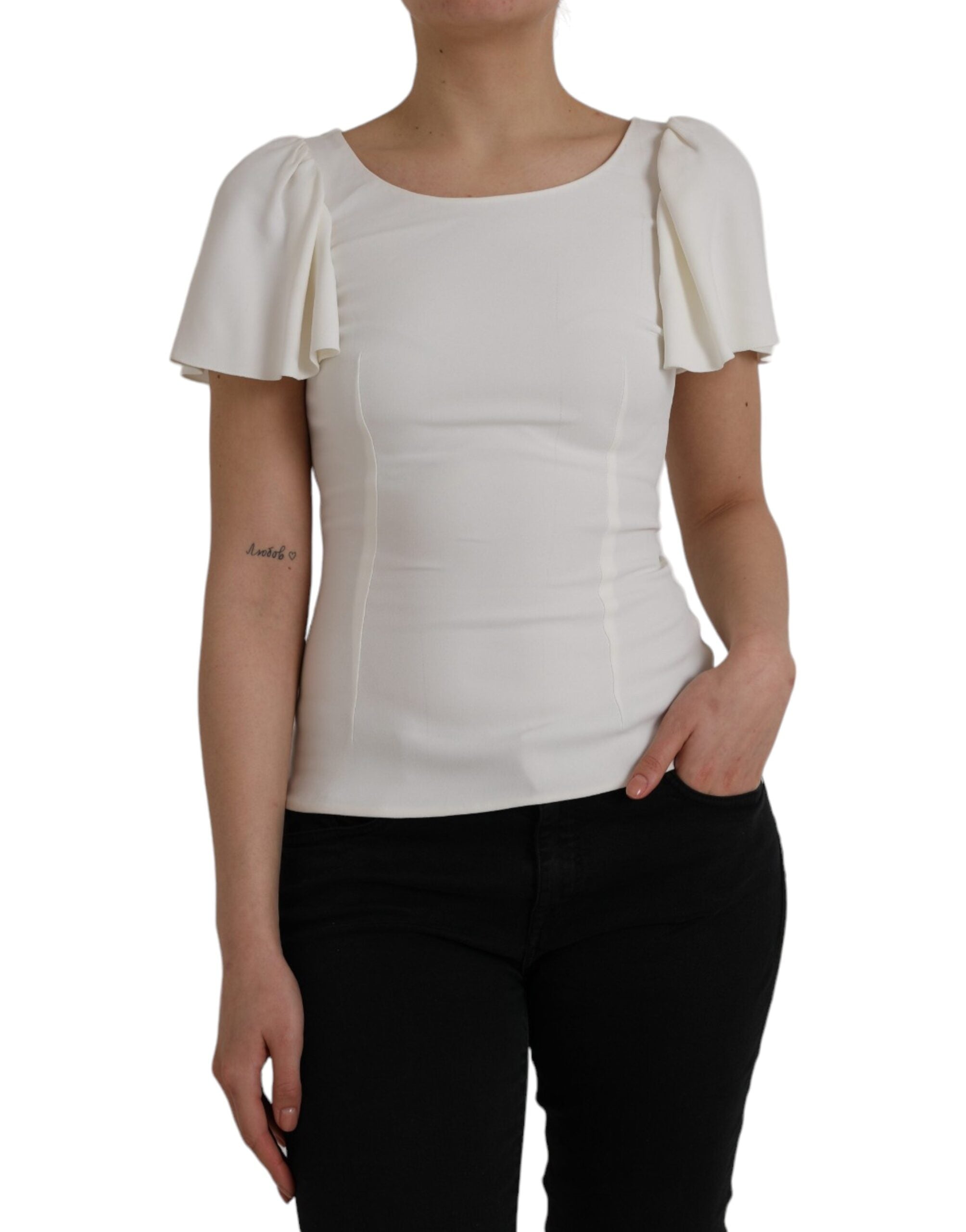 Haut blanc en viscose à col rond à manches courtes de Dolce & Gabbana, tissu léger et élégant.