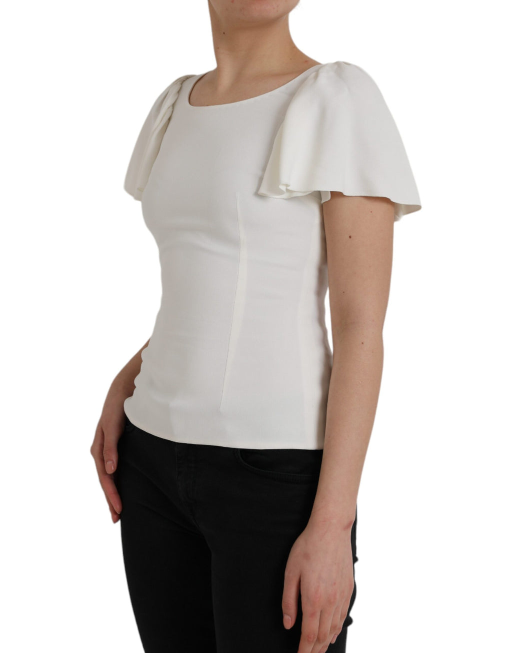 Top blanc en viscose Dolce & Gabbana à col rond et manches courtes, style élégant et confortable.