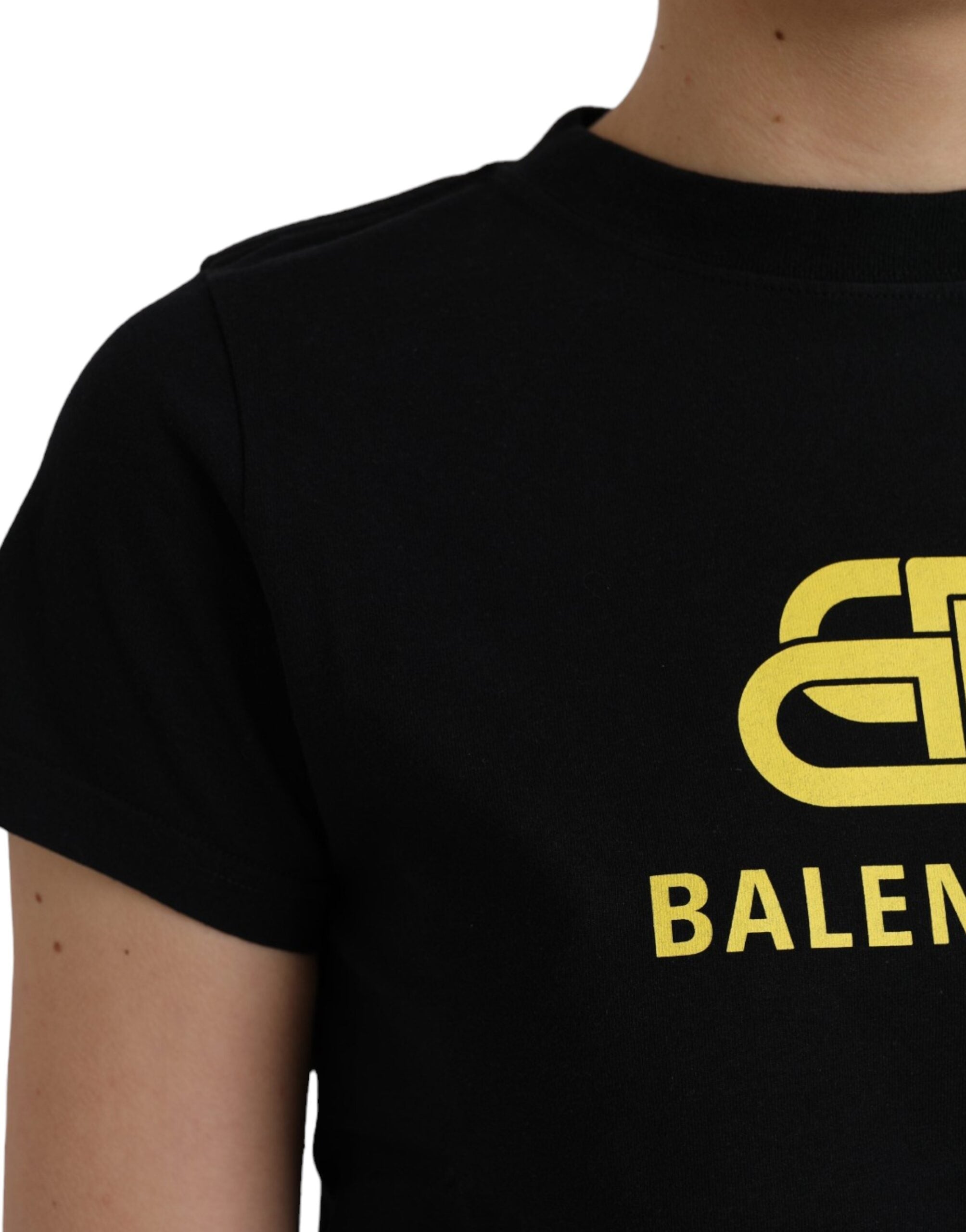 T-shirt noir en coton Balenciaga avec logo imprimé, col rond et manches courtes, vue de face.