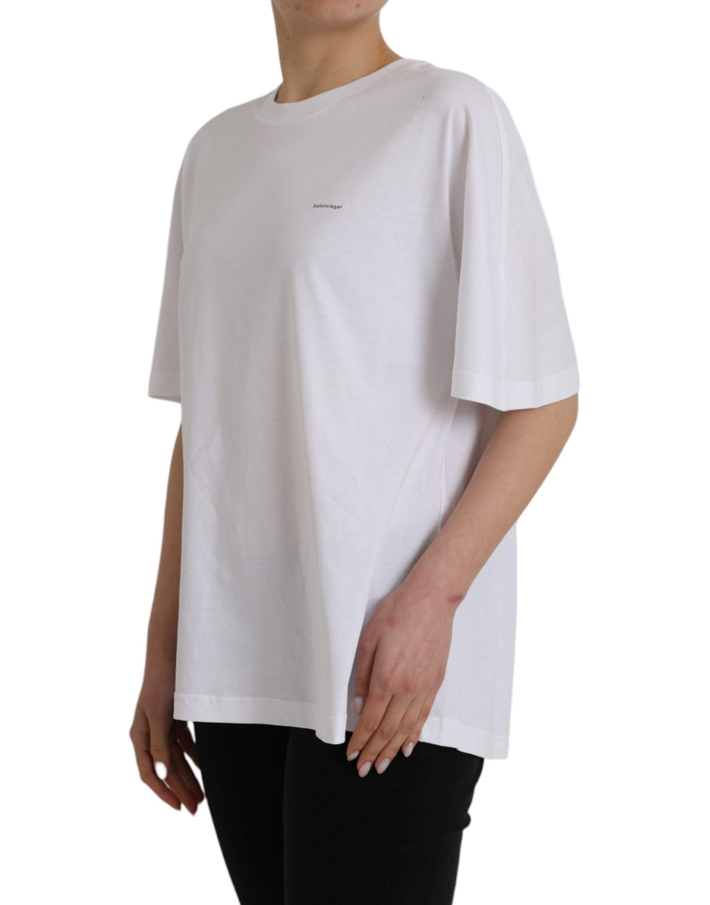 T-shirt blanc à manches courtes en coton de Balenciaga, col ras du cou, vue de face.