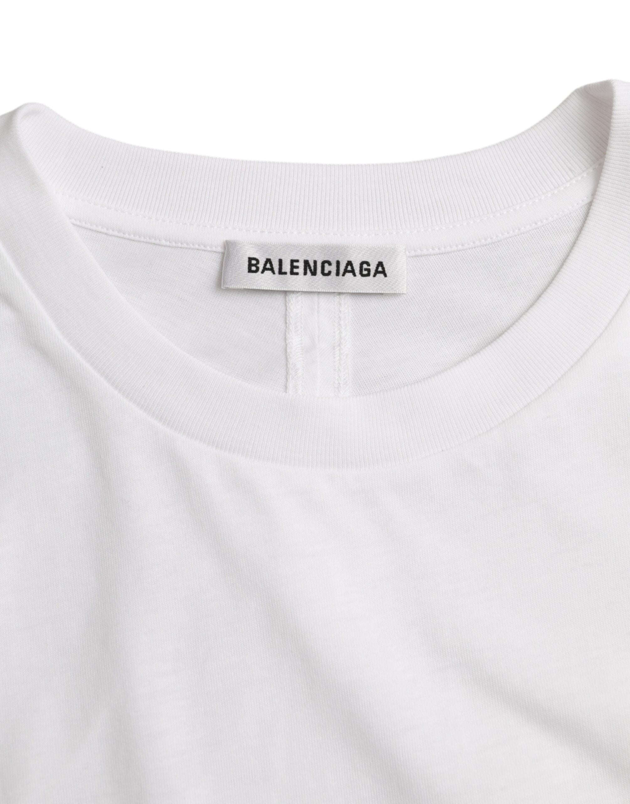 T-shirt blanc en coton à col rond et manches courtes de la marque Balenciaga, vue de face.