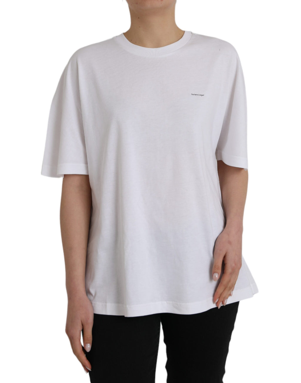 T-shirt blanc à col rond en coton de Balenciaga, manches courtes, style décontracté et moderne.