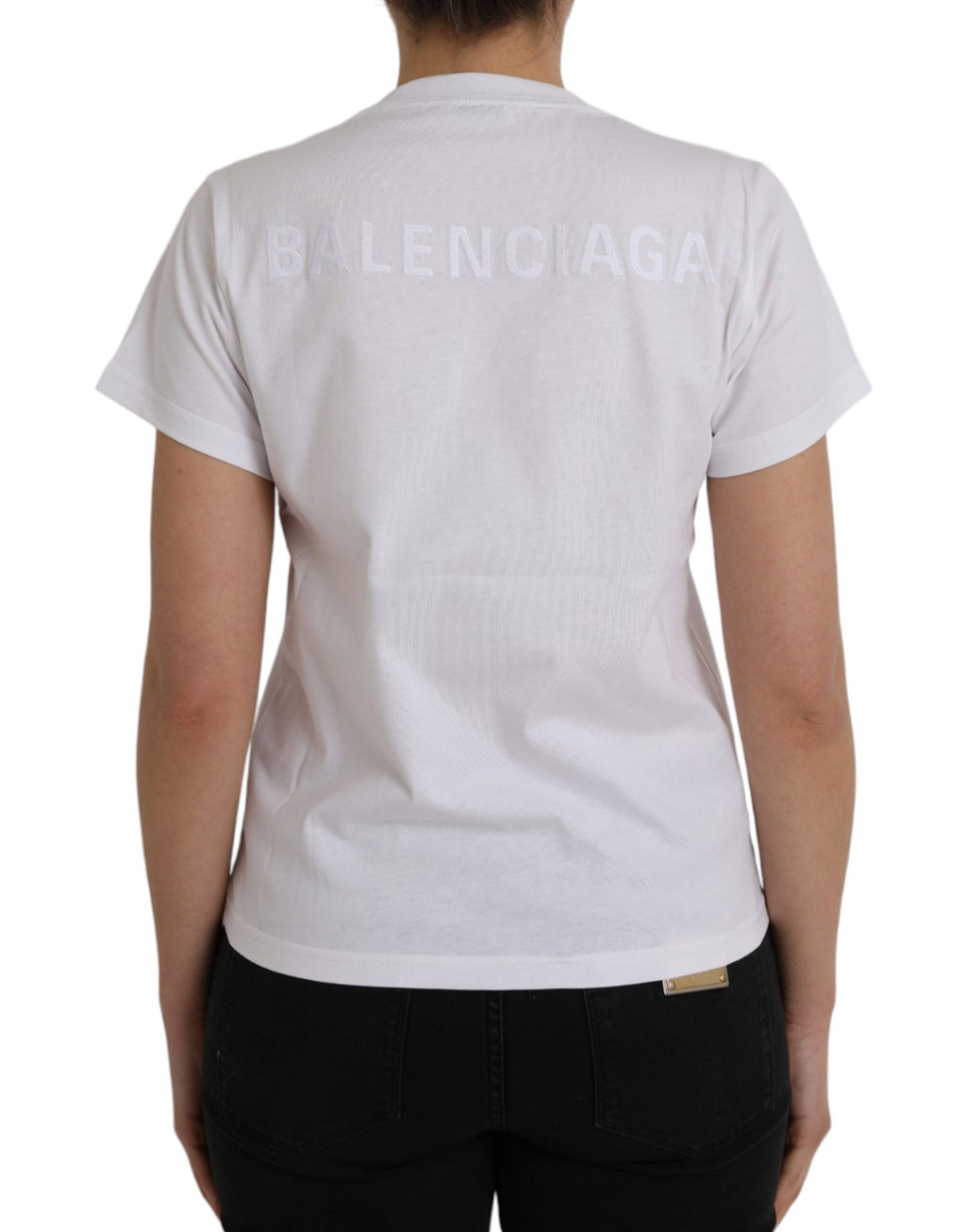 T-shirt blanc à manches courtes et col rond de Balenciaga, en coton, vue de face.