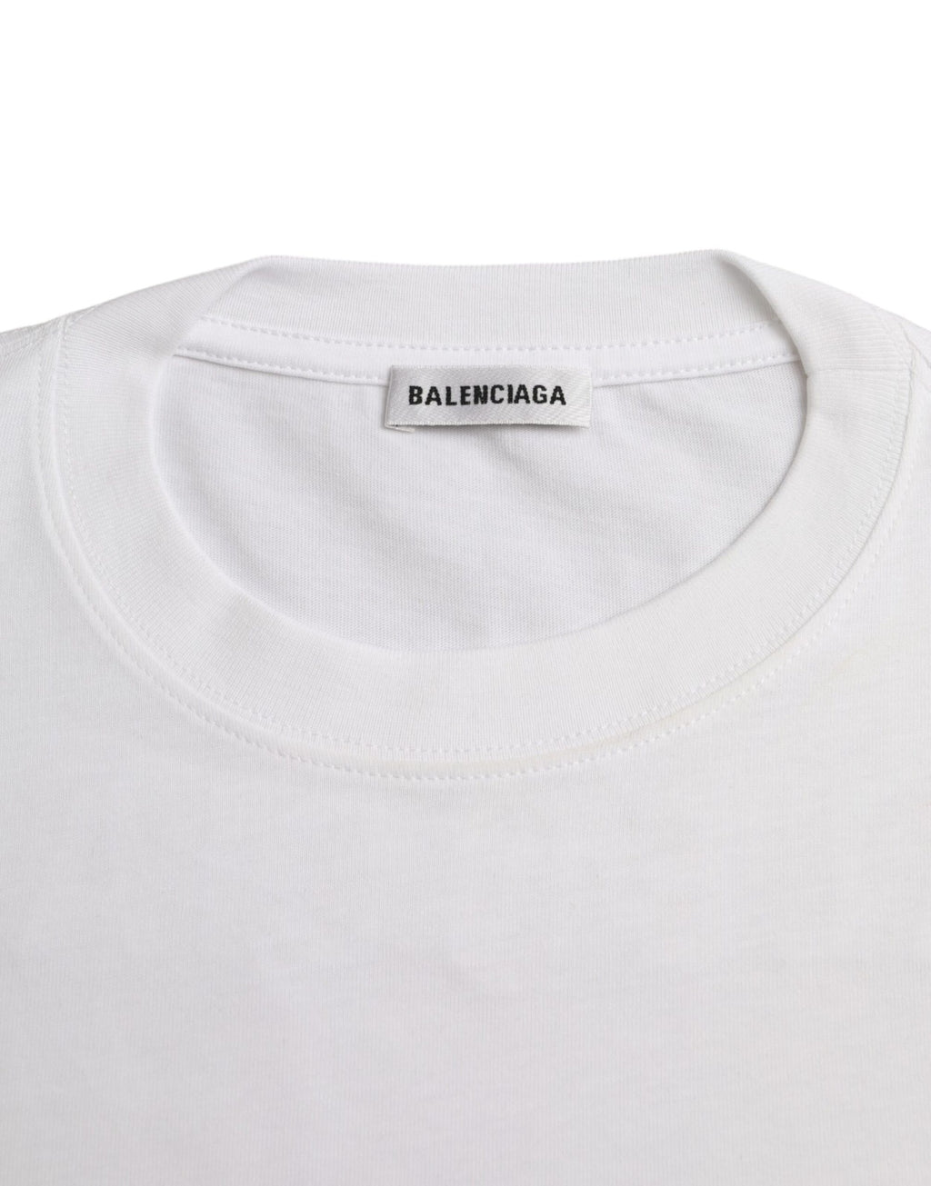 T-shirt blanc en coton Balenciaga avec col rond et manches courtes, vue de face, style épuré et moderne.