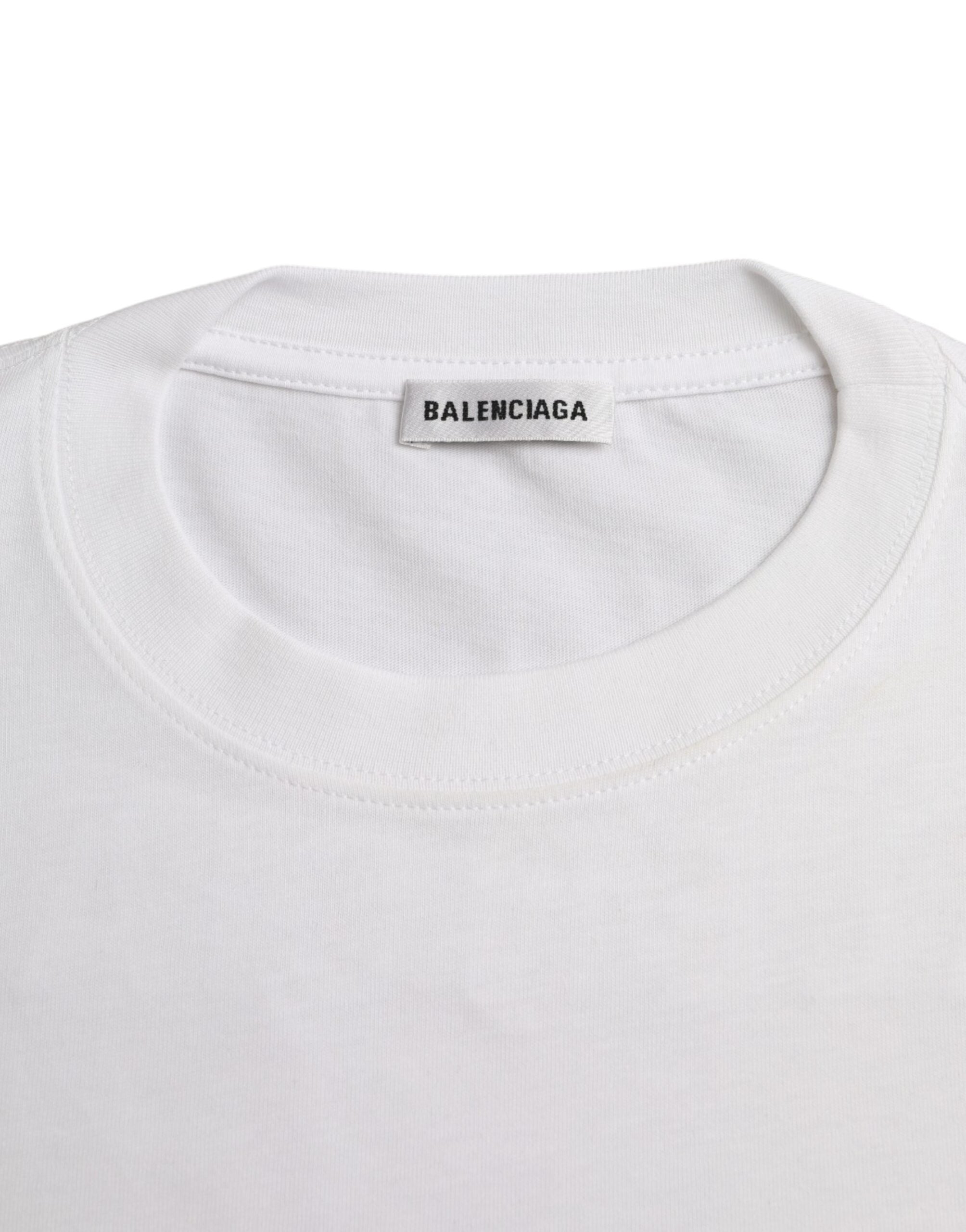 T-shirt blanc en coton Balenciaga avec col rond et manches courtes, vue de face, style épuré et moderne.