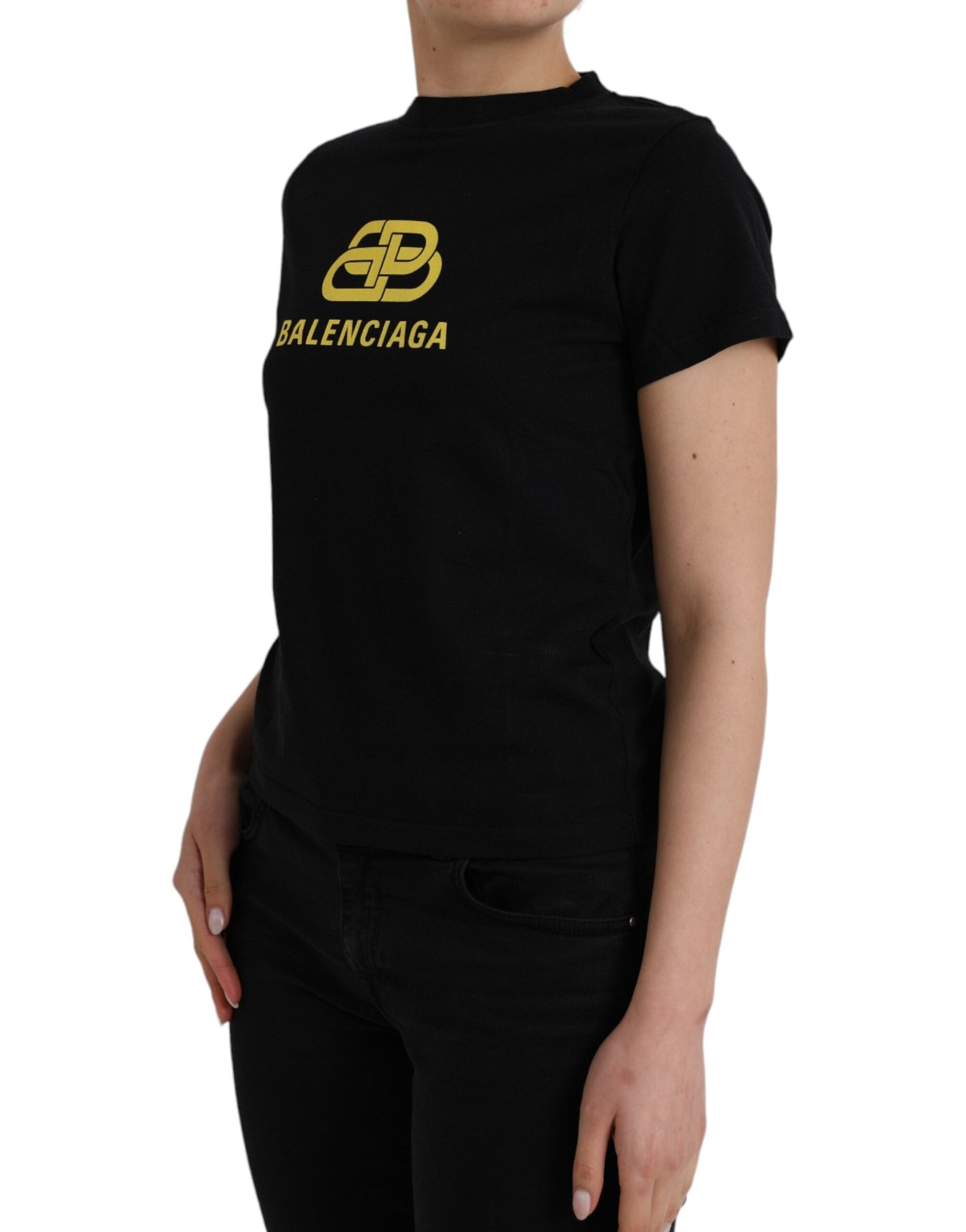 T-shirt Balenciaga à manches courtes en coton noir avec logo imprimé, col rond, style décontracté.