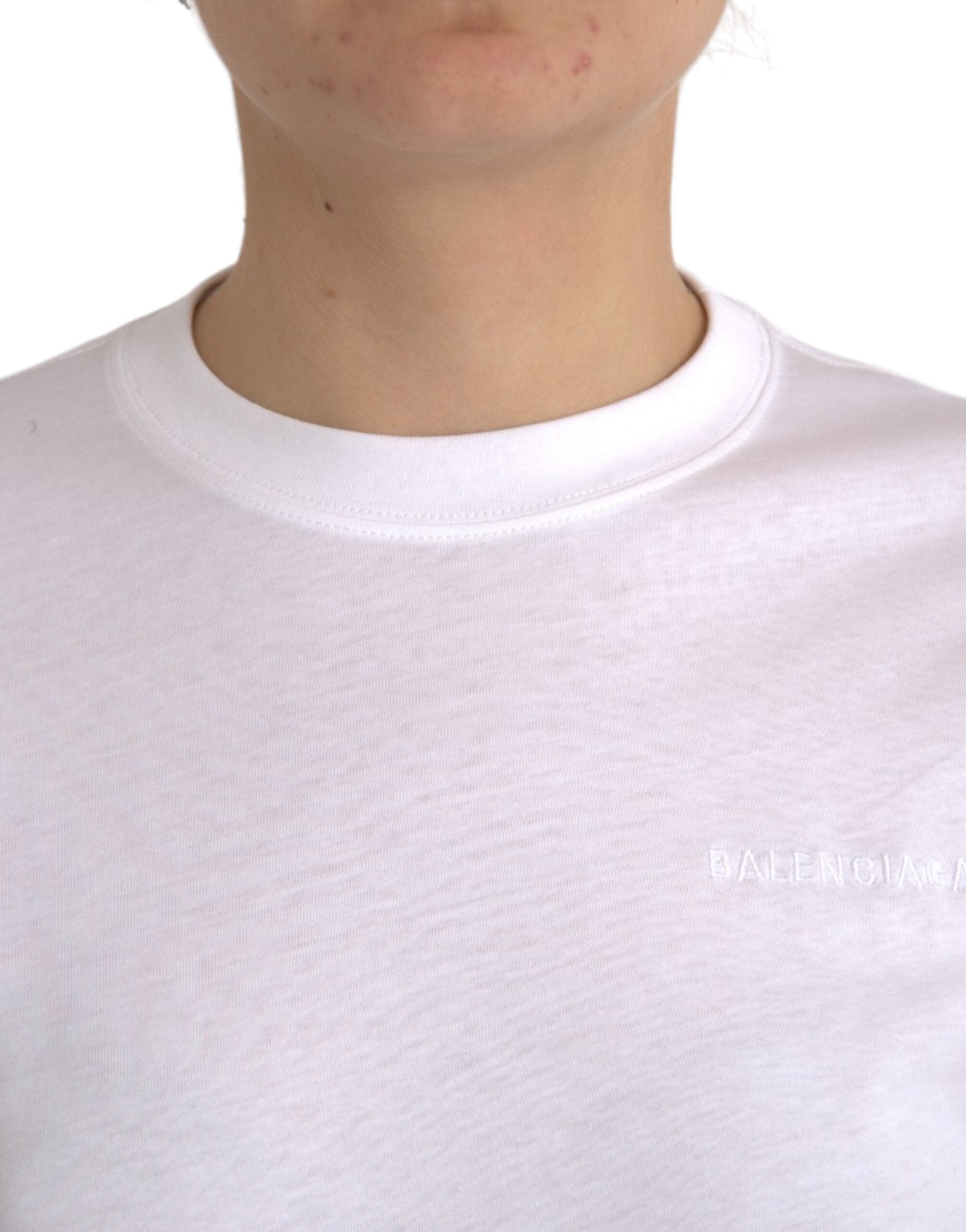 T-shirt blanc en coton à col rond de Balenciaga, manches courtes, vue de face.