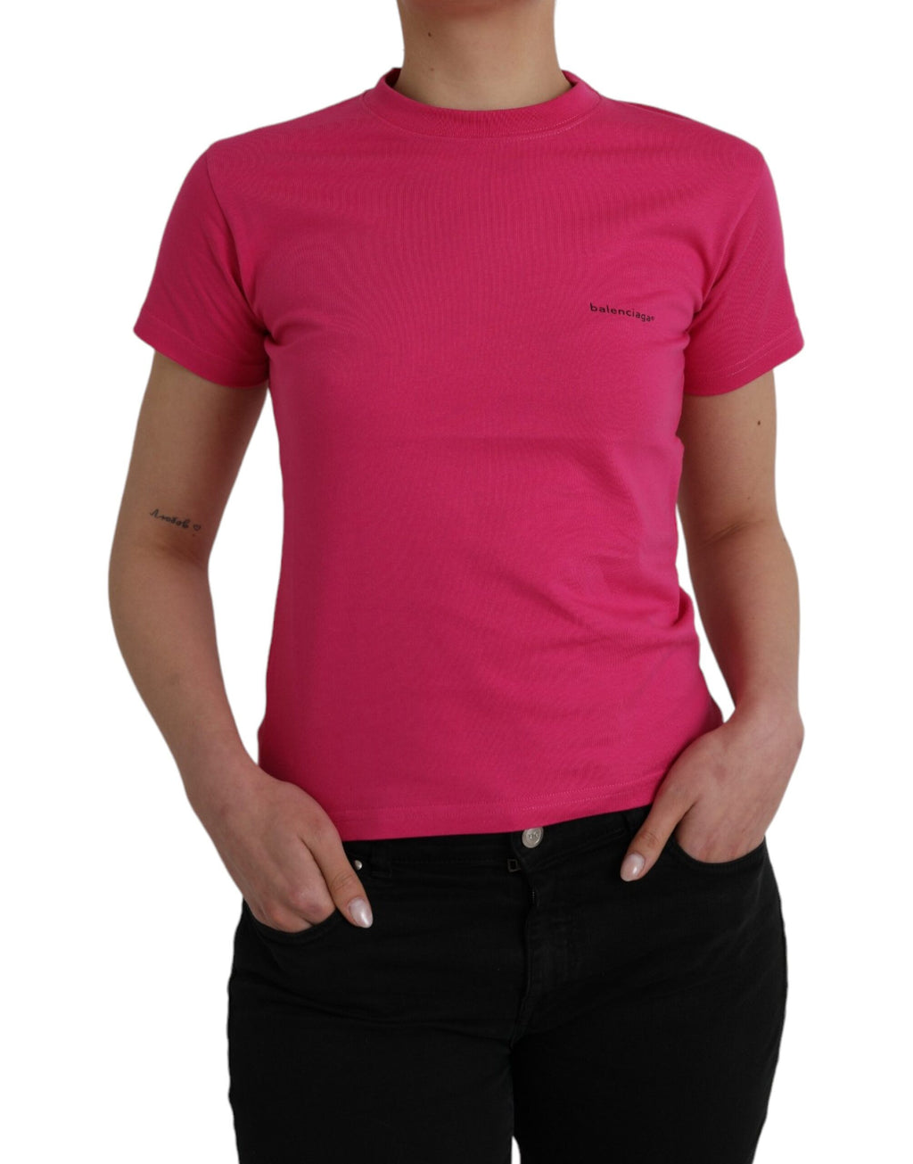 T-shirt rose en coton à col rond à manches courtes de Balenciaga, style décontracté et moderne.