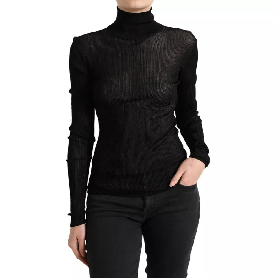 Pull à col roulé en viscose noir Dolce & Gabbana, vue de face, détail du tissu et du col côtelé.