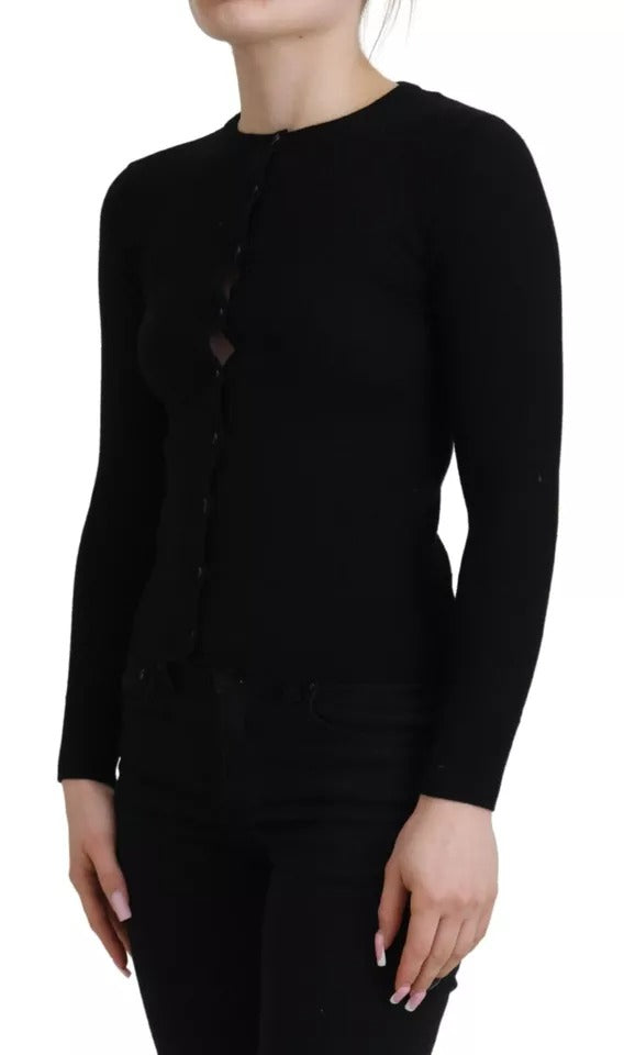 Cardigan slim en laine noir Dolce & Gabbana avec boutons, vue de face, détails du tricot et style élégant.