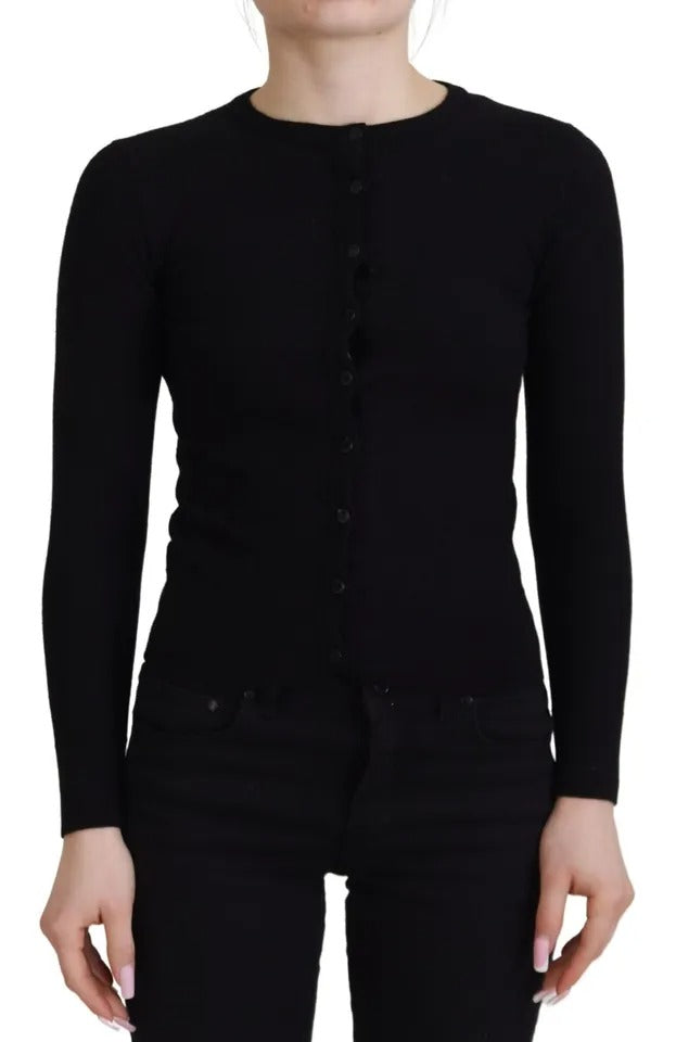 Cardigan noir Dolce & Gabbana en laine à boutons, coupe slim, élégant pull-over pour femme.