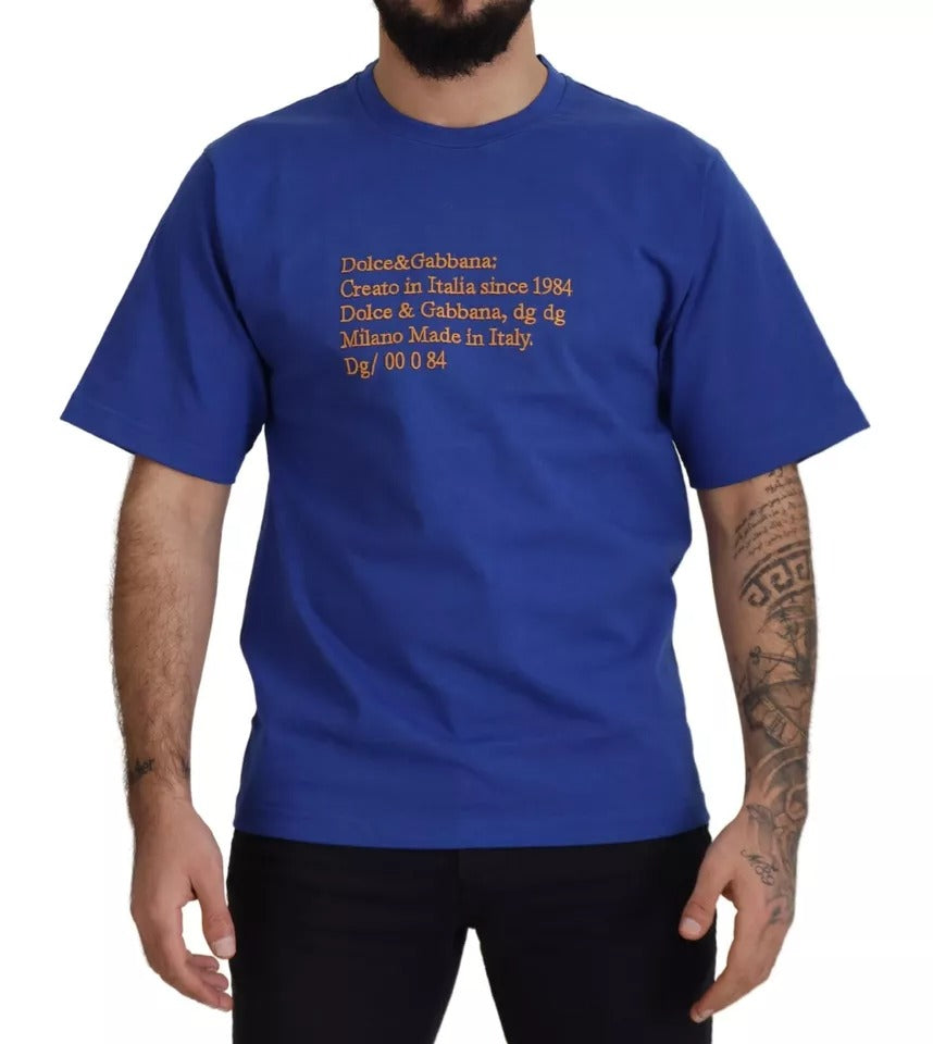 T-shirt coton à col rond Dolce & Gabbana, bleu avec logo imprimé, vue de face.