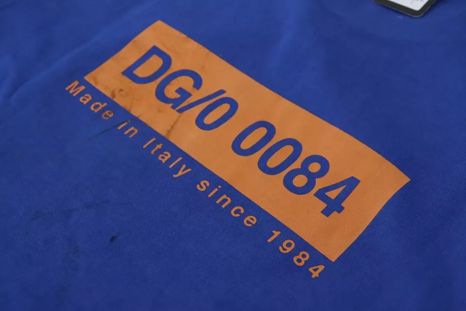T-shirt en coton Dolce & Gabbana, col rond, logo imprimé bleu, style décontracté, vue de face.