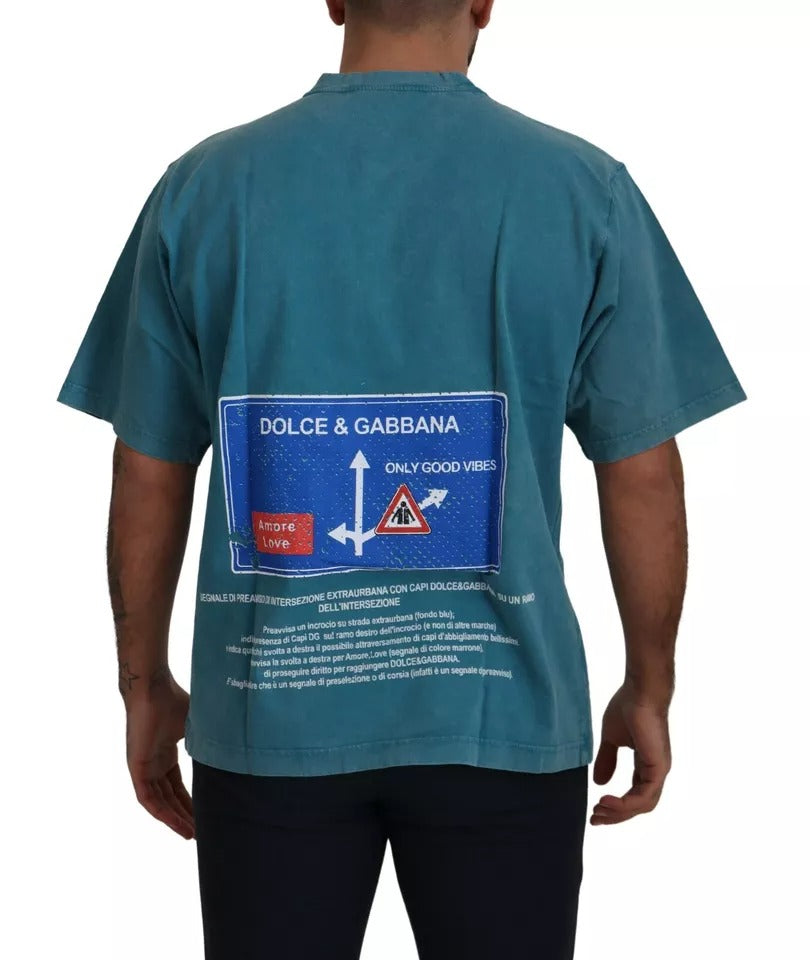 T-shirt coton Dolce & Gabbana bleu avec logo imprimé sur le devant, col rond et manches courtes.