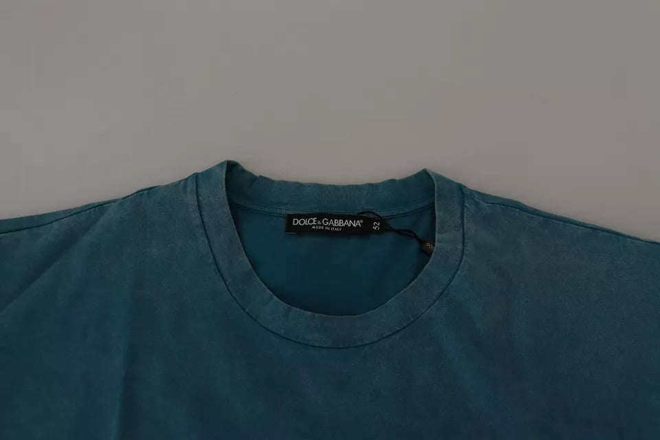 T-shirt en coton Dolce & Gabbana avec logo bleu, col rond et imprimé, vue de face.