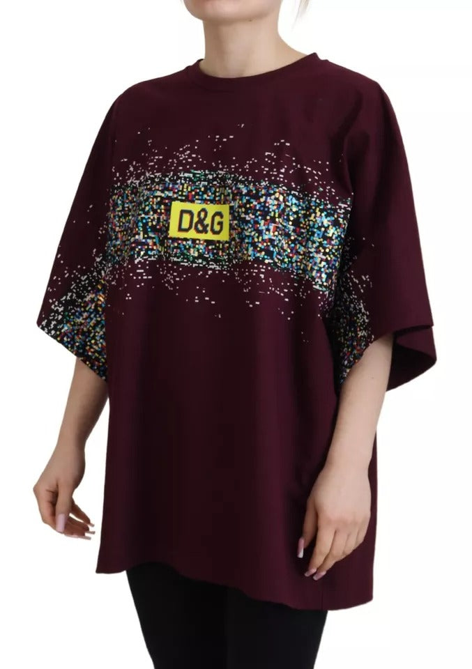 T-shirt rond en coton Dolce & Gabbana Bordeaux avec imprimé D&G, vue de face.