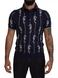 T-shirt polo bleu marine Dolce & Gabbana avec motif de cheval marin et col classique, en coton de haute qualité.