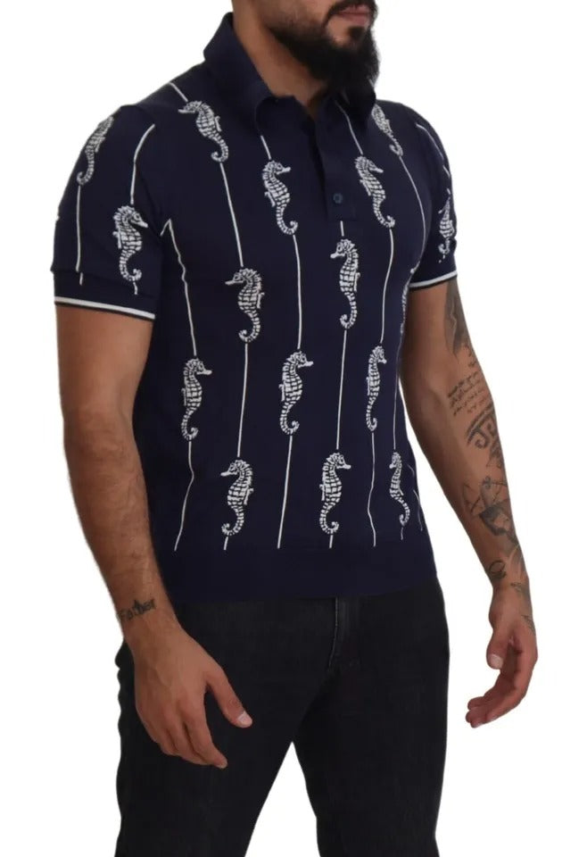 T-shirt polo bleu marine Dolce & Gabbana avec motif de cheval marin et col élégant, en coton confortable.