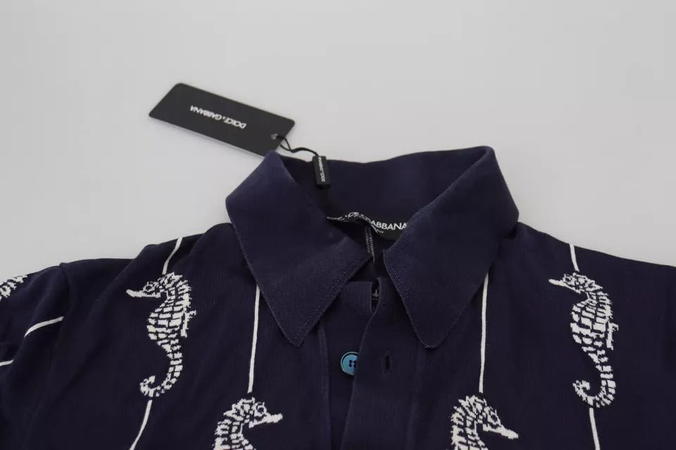 T-shirt polo bleu marine Dolce & Gabbana avec motif de cheval marin et col classique, en coton élégant.