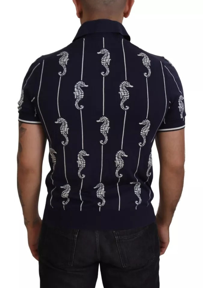 Polo homme Dolce & Gabbana bleu marine avec motif de cheval marin et col classique, en coton élégant.