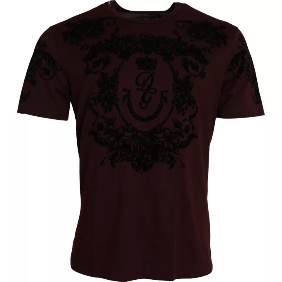 T-shirt homme Dolce & Gabbana marron avec motif floral DG Crown, col rond, tissu confortable, style élégant.