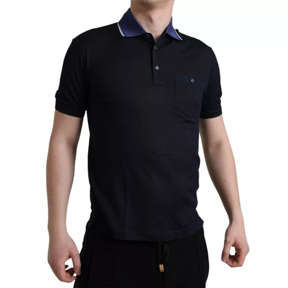 Polo à manches courtes bleu marine Dolce & Gabbana avec col, vue de face, en coton élégant.