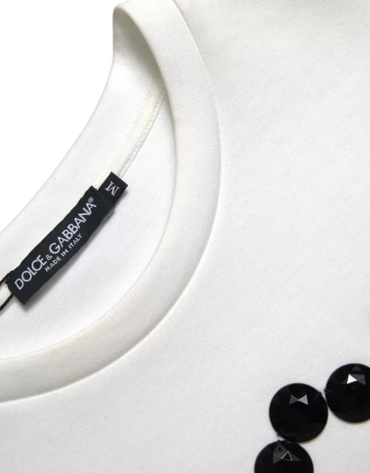 T-shirt blanc en coton Dolce & Gabbana avec détails en cristal noir, style élégant et moderne.
